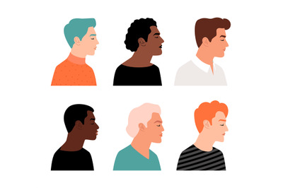 Modern men profiles. Male profile faces, mans heads vector illustratio