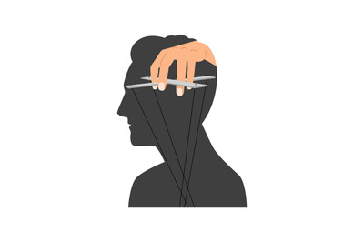 Mind manipulation. Head brain control silhouette vector illustration,