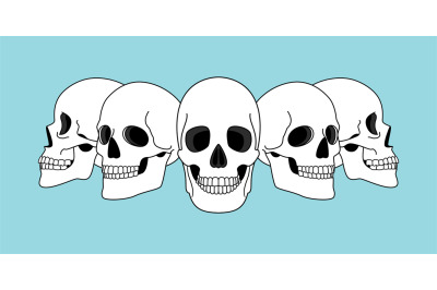 Skulls views. Funny horror spooky skull front and side view illustrati