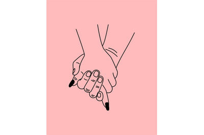 Two caring hands. Cartoon romantic touch of palms of lovers, symbol of