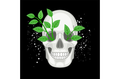 Green leaves skull. Livestock smiling skull drawing concept, death hea