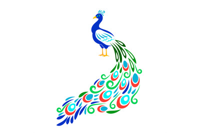 Stylized peacock. Color ornament peecoock animal with floral style tai