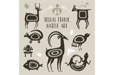 Native totem animals. Tribal ethnic animal drawings, lizard deer fish