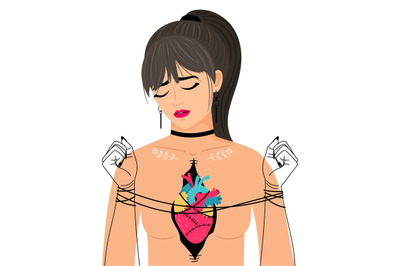 Girl heart pain concept. Woman breast pain vector illustration, breaku