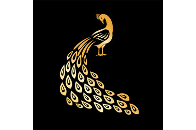 Gold peacock. Golden peafowl logo element&2C; crystal feathers tail peeco