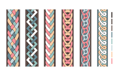 Braid lines. Wicker borders, colored knoted patterns, braided intertwi