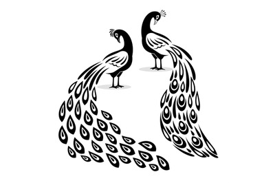 Peafowl silhouettes. Black peacock logo elements, peacoccks designs cu