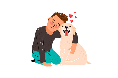 Boy pet love. Kid and dog vector illustration, children puppy friend,