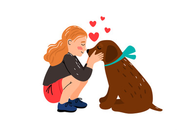 Girl dog love. Littl mistress hugging puppy vector illustration, cute
