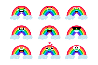 Rainbows funny faces. Cute rainbow character with eyes on clouds, kawa