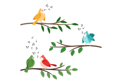 Bird songs. Singing birds friends on tree branches, birdes cartoon mus