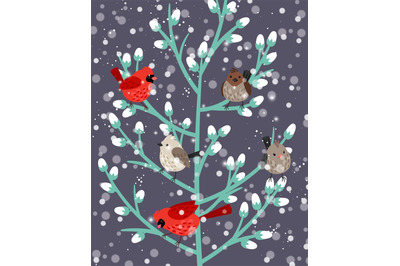 Winter birds branch. Beauty mistletoe red cardinal and sparrow birdes