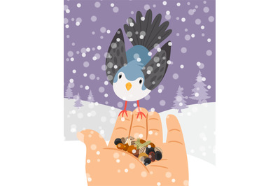 Winter birds feeding. Hand bird feed vector illustration, grains feeds