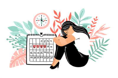 Cramps period. Menstruation days vector illustration, lady periodical