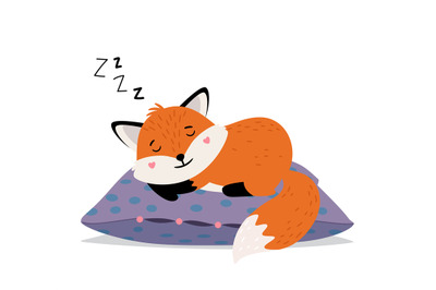 Sleeping fox. Orange cute tod sweet dreams on soft pillow, smiling fox