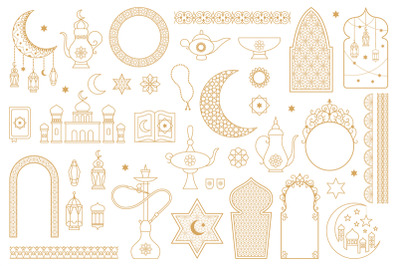 Arabic oriental muslim golden floral outline symbols. Lanterns, moon,