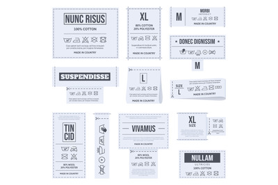 Laundry clothes care labels, textile care instruction symbols. Clothes