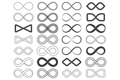 Infinity eternity unlimited symbols, limitless cyclical emblems. Outli