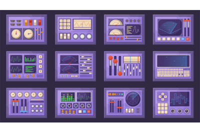 Retro control panels, spacecraft dashboard with dials, tuners and leve