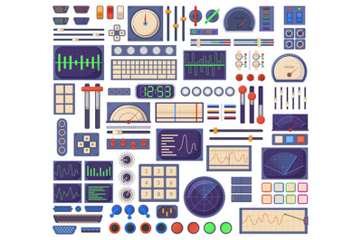 Control panel elements, buttons dials, tuners and connection ports. Re