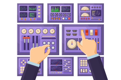 Retro control dashboard panel with operator hands, console connection