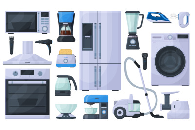 Household appliances, refrigerator, vacuum cleaner and microwave oven.