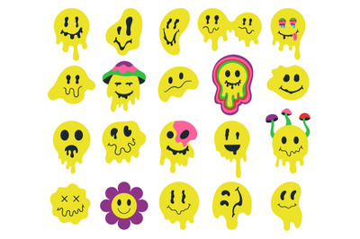 Melting psychedelic smiling faces, dripping groovy characters. Crazy g