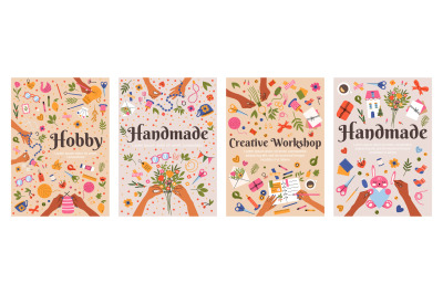 Handmade arts and hobbies posters, creative workshop crafts. Creative