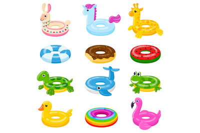 Cartoon swim rings, pool games rubber toys, colorful lifebuoys. Swimmi