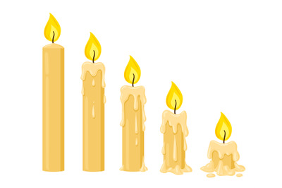 Cartoon burning candles, wax candle burning stages. Melting candles wi