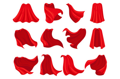 Cartoon superhero red cloaks, scarlet mantle capes. Silk superhero clo