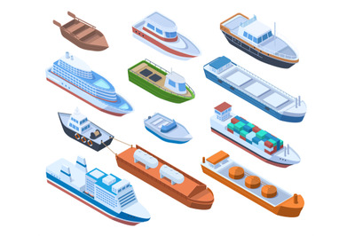 Isometric passenger, cargo sea ships, commercial and sailing boats. Wa