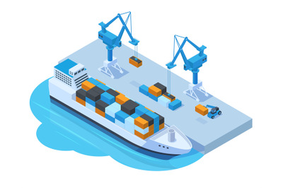 Isometric seaport cargo service, cargo ship barge, container and crane