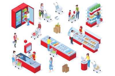 Isometric grocery shopping, people buying food in supermarket. Grocery