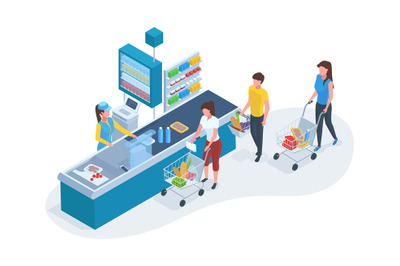 Isometric grocery store counter line, people at supermarket queue. Cus