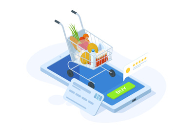 Isometric online grocery shopping, food order app concept. Grocery sto