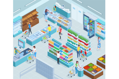 Isometric grocery market interior, supermarket showcase and checkout c