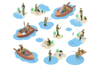 Isometric fishermen catching fish&2C; boat and fishing equipment. River o