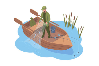 Isometric fisherman character fishing in river used fishing equipment.