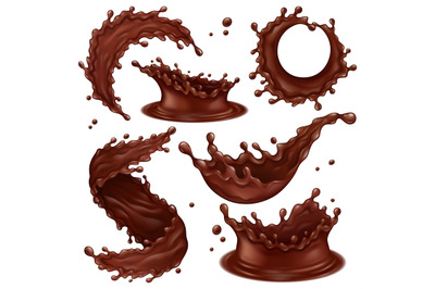 Realistic chocolate splashes, liquid hot chocolate swirls and drops. D