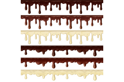 Realistic sweet chocolate dripping, flowing hot chocolate borders. Del