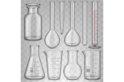 Realistic laboratory glassware, glass test tubes beaker and flask. Che