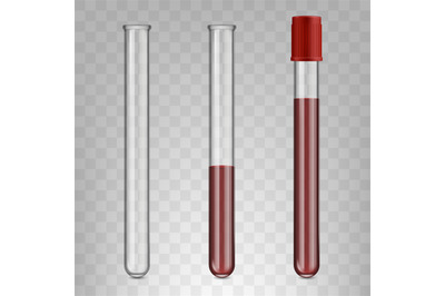 Realistic glass test tubes filled with blood&2C; blood test medical conce