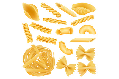 Realistic italian pasta, dry fettuccine, farfalle and penne pasta. Ita