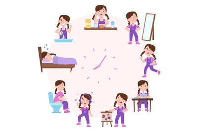 Child daily sleep and wake schedule, girl routine activities. Cute gir