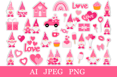 Valentine&amp;&23;039;s Gnomes Stickers bundle. Stickers Printable PNG
