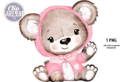 Sweet Girl Teddy Bear in Pink Brown watercolor clip art, image sublima