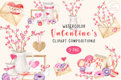 Valentines Clipart PNG. Watercolor Cute Decor, Hearts, Envelopes