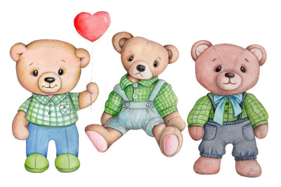 3 cute Teddy bears in green. Watercolor illustrations.s.