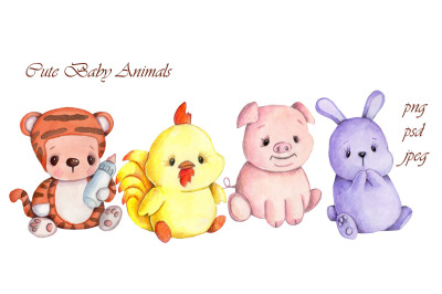 Cute Baby Animals. Watercolor Illustrations.